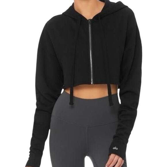 Alo Yoga Jackets & Blazers - Alo Yoga Cropped Gym Zip-Up Hoodie Black Womens XS Thumbholes Long Sleeve Jacket